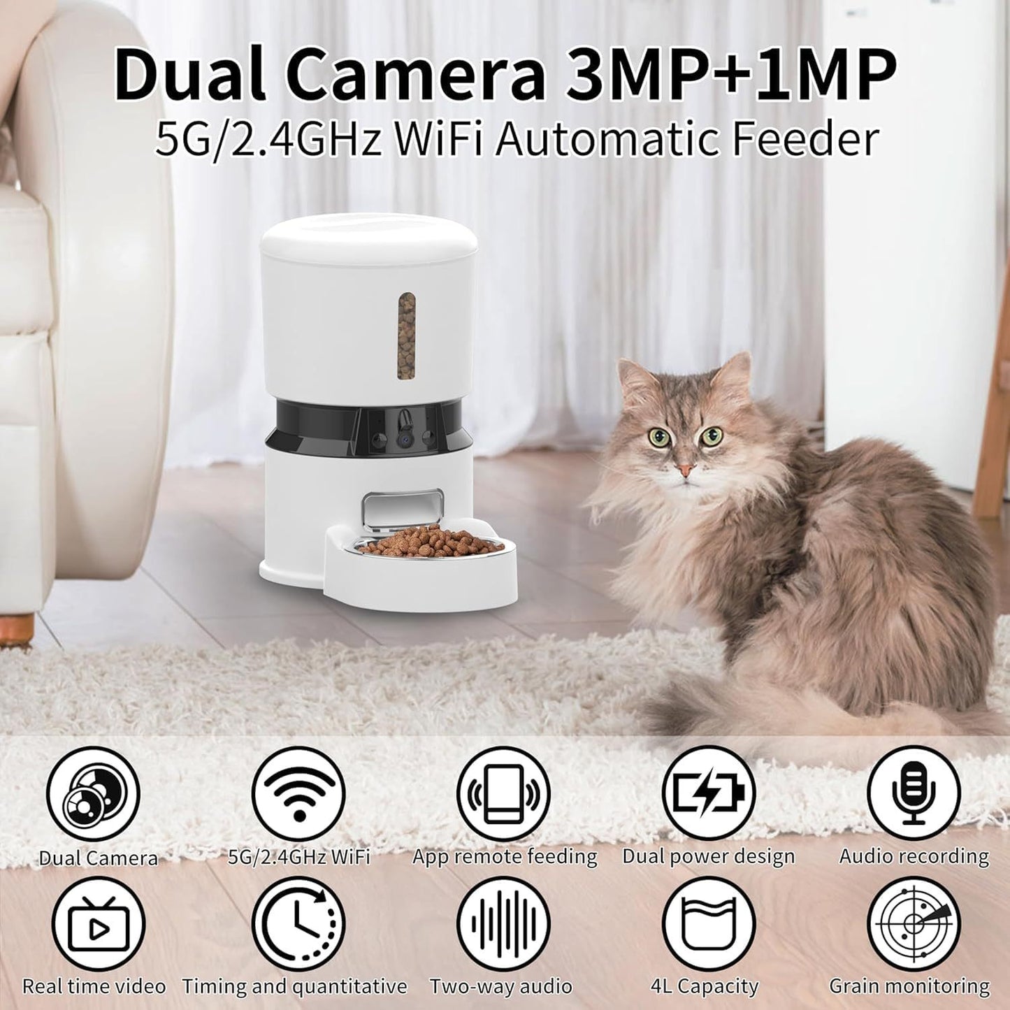 Dispenser automatico 4L con telecamera HD 1080P e sensore del cibo - Controllato via APP Smart